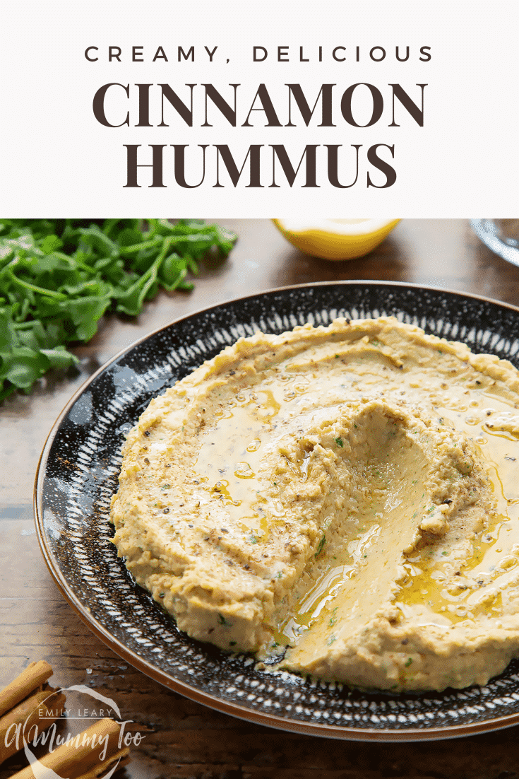 Cinnamon hummus in a bowl with a line through it. Caption reads: creamy, delicious cinnamon hummus