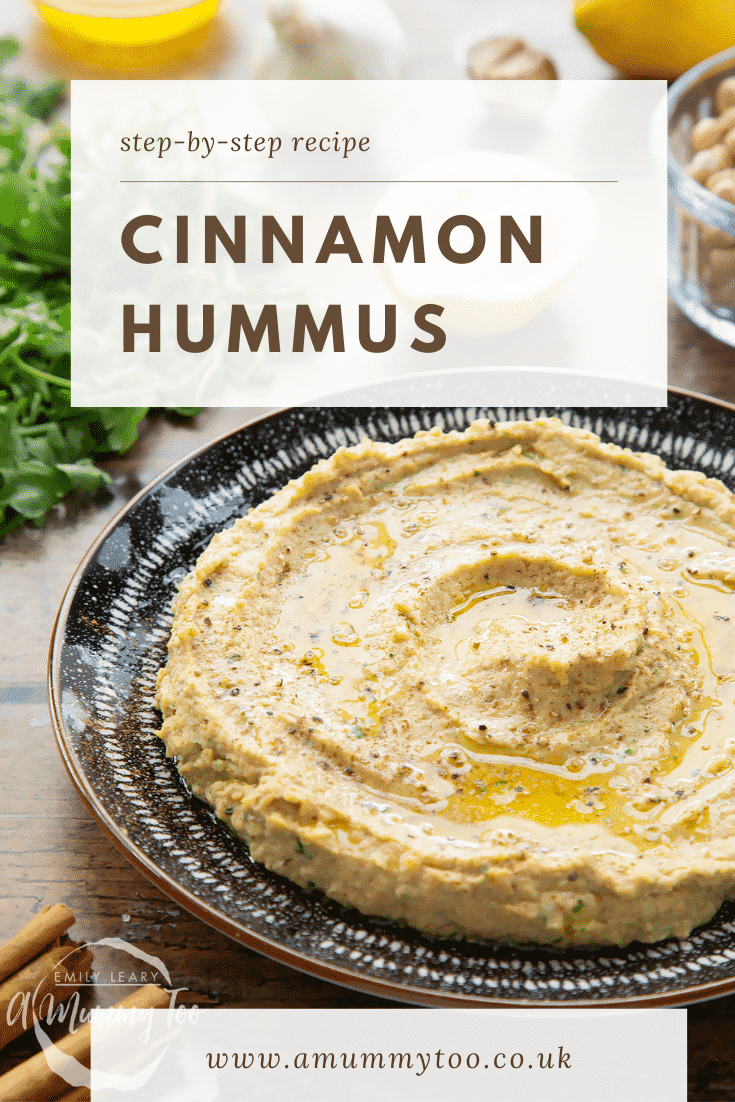 Cinnamon hummus in a bowl. Caption reads: step-by-step recipe cinnamon hummus