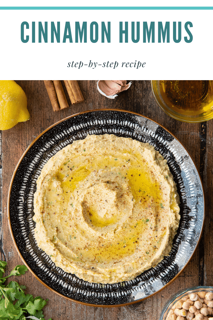 Cinnamon hummus in a bowl. Caption reads: cinnamon hummus step-by-step recipe