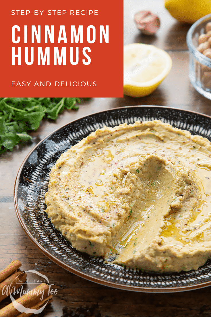 Cinnamon hummus in a bowl. Caption reads: step-by-step recipe cinnamon hummus easy and delicious