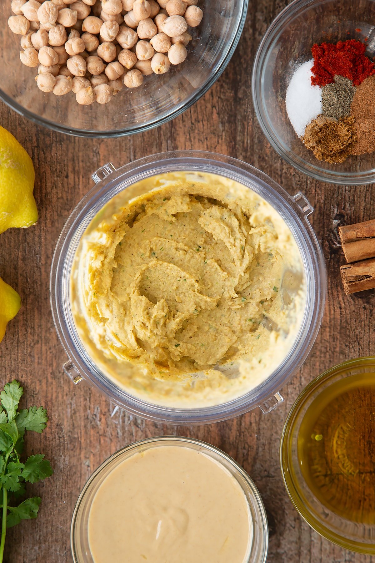 Cinnamon hummus in a small blender bowl.