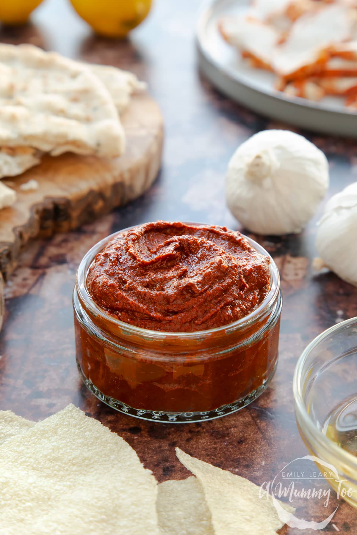 Front view of garlic chutney in a small glass jar