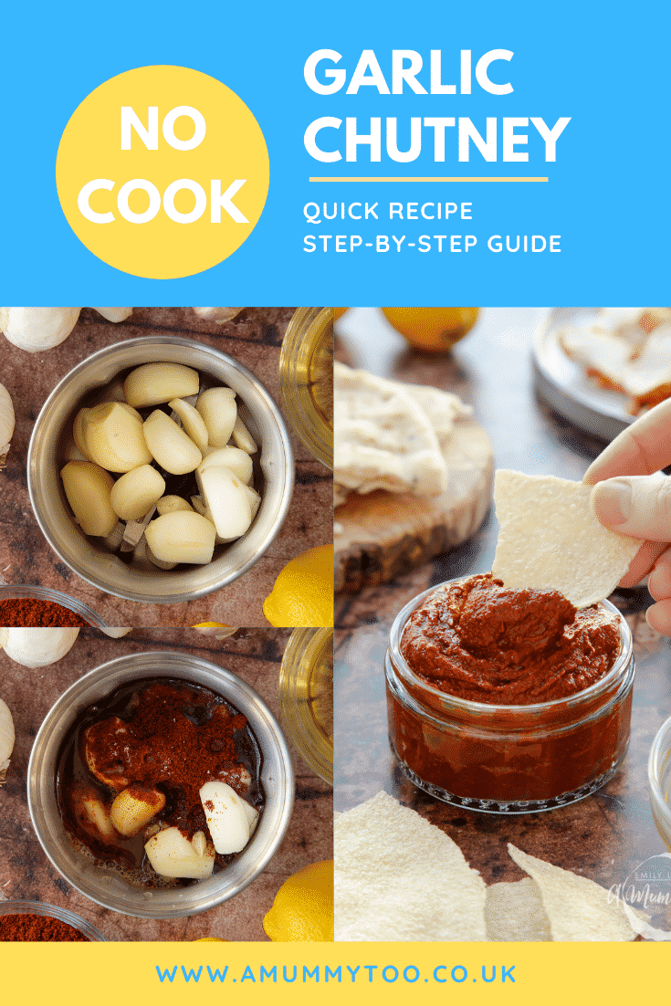 graphic text step-by-step recipe GARLIC CHUTNEY above Overhead shot of a hand holding a piece of bread dipped into garlic puree with website URL below