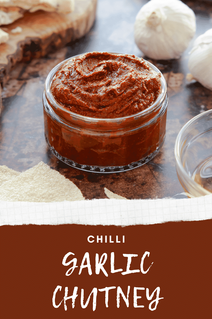 graphic text step-by-step recipe GARLIC CHUTNEY above Front view shot of garlic puree in a clear glass jar with website URL below