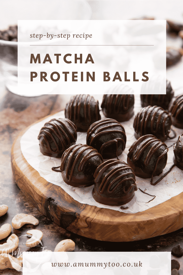 Matcha protein balls on a wooden board lined with baking paper. Caption reads: step-by-step recipe matcha protein balls