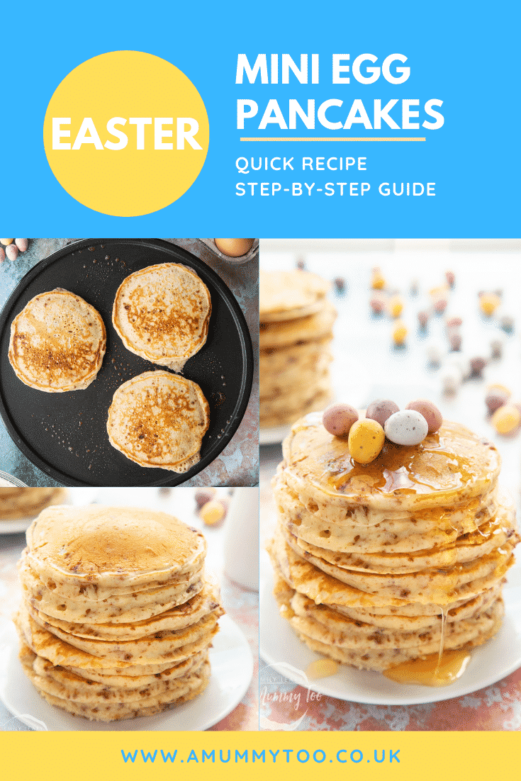 Collage showing the making of tall, fluffy Mini Egg pancakes. Caption reads: Easter Mini Egg pancakes quick recipe step-by-step guide