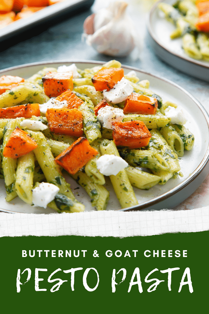 Penne with butternut squash and goat cheese on a grey plate. Caption reads: butternut & goat cheese pasta 