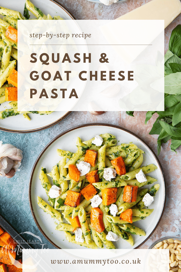 Penne with butternut squash and goat cheese on a grey plate shown from above. Caption reads: step-by-step recipe squash & goat cheese pasta 