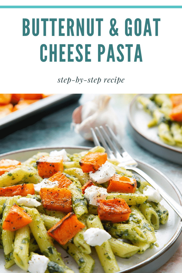 Penne with butternut squash and goat cheese on a grey plate with a fork. Caption reads: butternut & goat cheese pasta step-by-step recipe