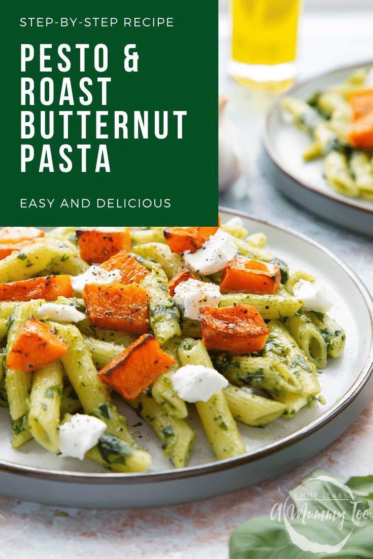 Penne with butternut squash and goat cheese on a grey plate. Caption reads: step-by-step recipe butternut & goat cheese pasta easy and delicious