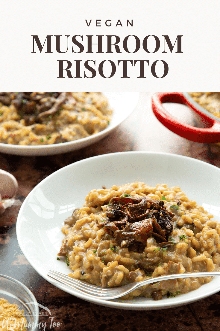 Vegan mushroom risotto in a shallow white bowl with a fork. Caption reads: vegan mushroom risotto step-by-step recipe