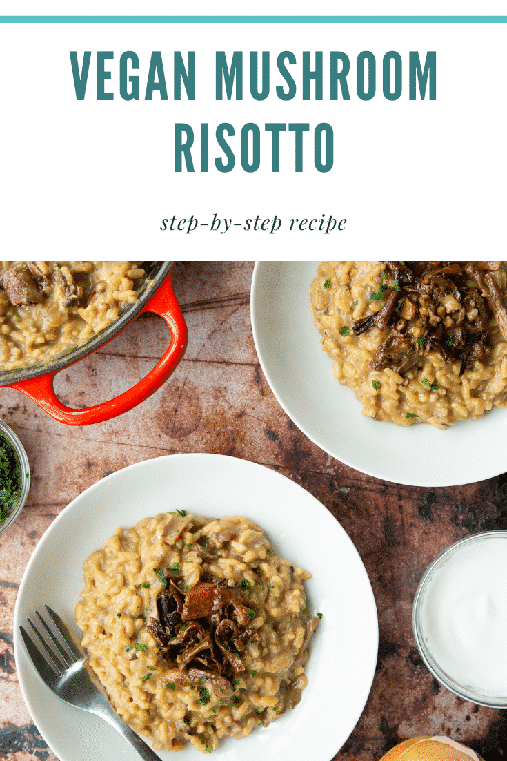 Vegan mushroom risotto in a shallow white bowl with a fork. Caption reads: vegan mushroom risotto step-by-step recipe