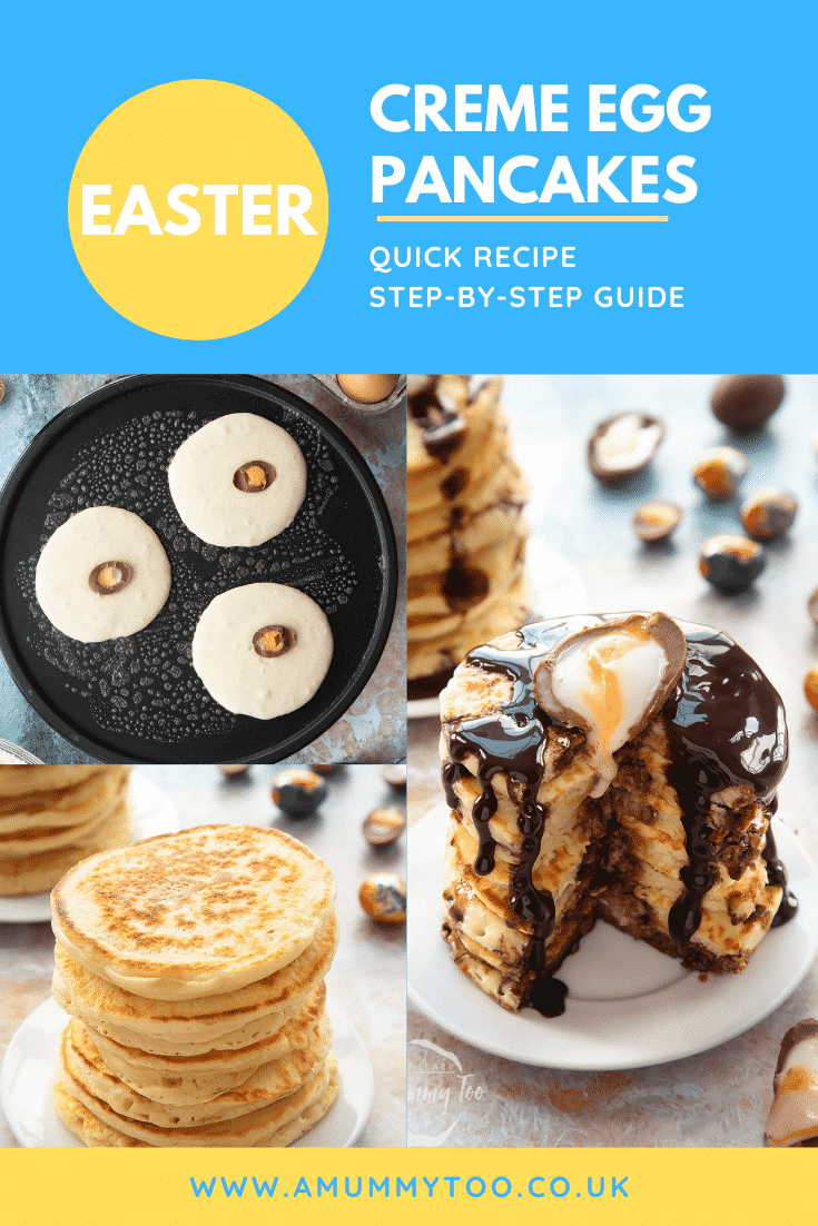 A collage showing the making of a tall stack of Creme Egg pancakes on a small white plate. Caption reads: Easter Creme Egg pancakes quick recipe step-by-step guide