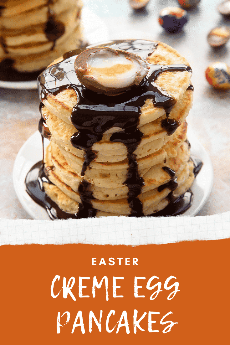 A tall stack of Creme Egg pancakes on a small white plate with chocolate sauce. Caption reads: Easter Creme Egg pancakes