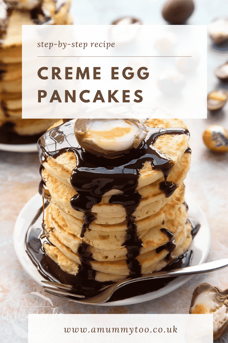 A tall stack of Creme Egg pancakes on a small white plate. Caption reads: step-by-step recipe Creme Egg pancakes