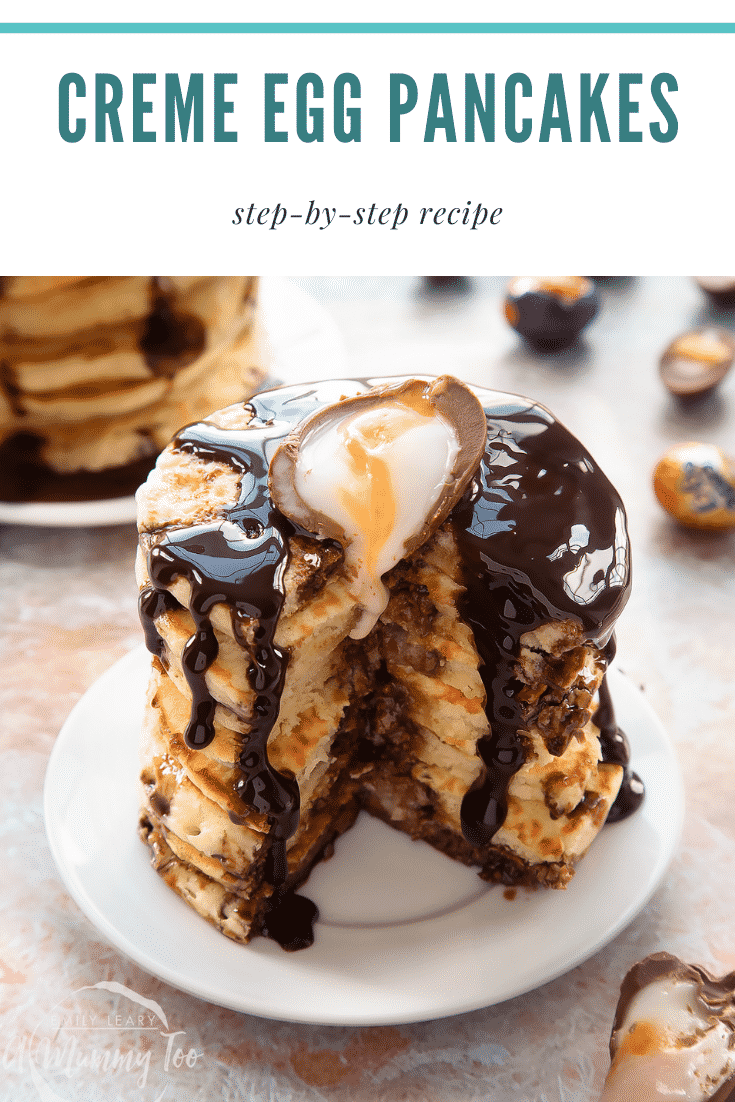 A tall stack of Creme Egg pancakes on a small white plate. Caption reads: Creme Egg pancakes step-by-step recipe