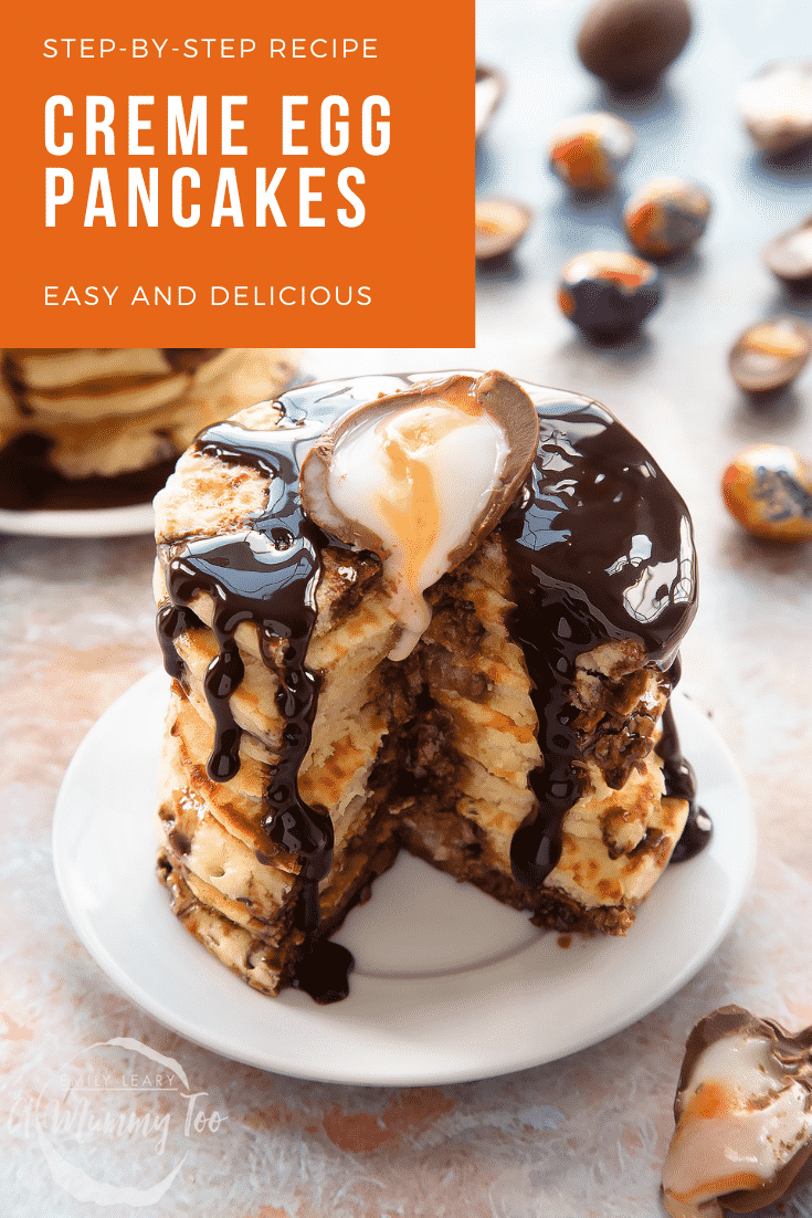 A tall stack of Creme Egg pancakes on a small white plate. Caption reads: step-by-step recipe Creme Egg pancakes easy and delicious