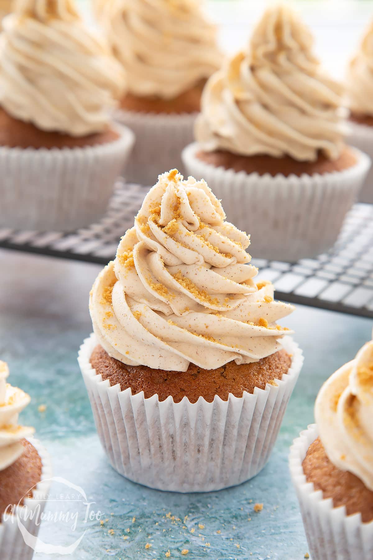 Ginger cupcake on a blue background. 