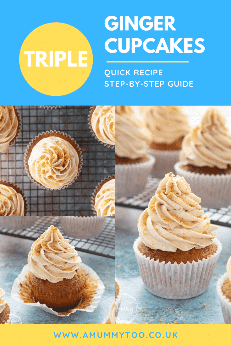 Collage of images of ginger cupcake on a blue background. Caption reads: triple ginger cupcakes quick recipe step-by-step guide