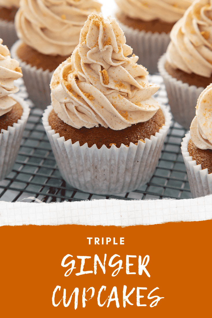 Ginger cupcake on a wire rack. Caption reads: triple ginger cupcakes