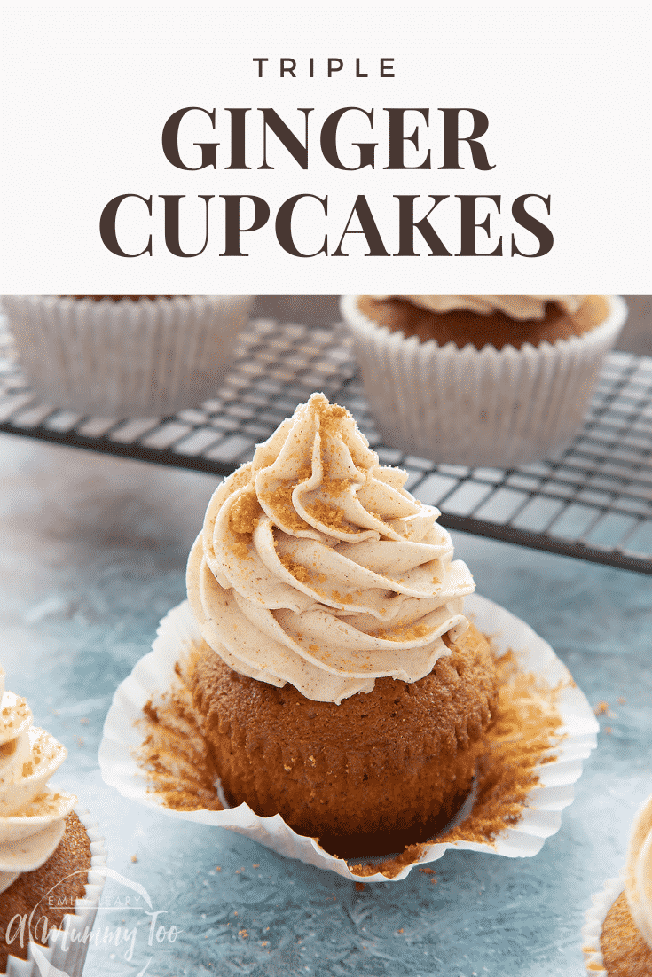 Ginger cupcake on a blue background, partly unwrapped. Caption reads: triple ginger cupcakes