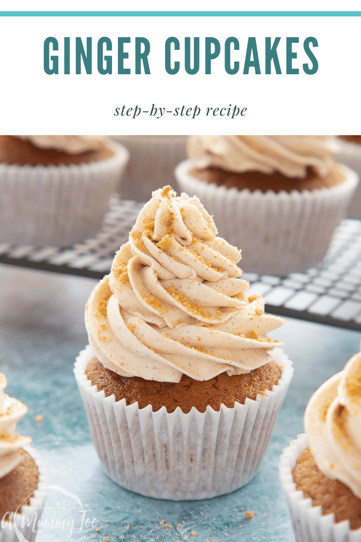 Ginger cupcake on a blue background. Caption reads: ginger cupcakes step-by-step recipe