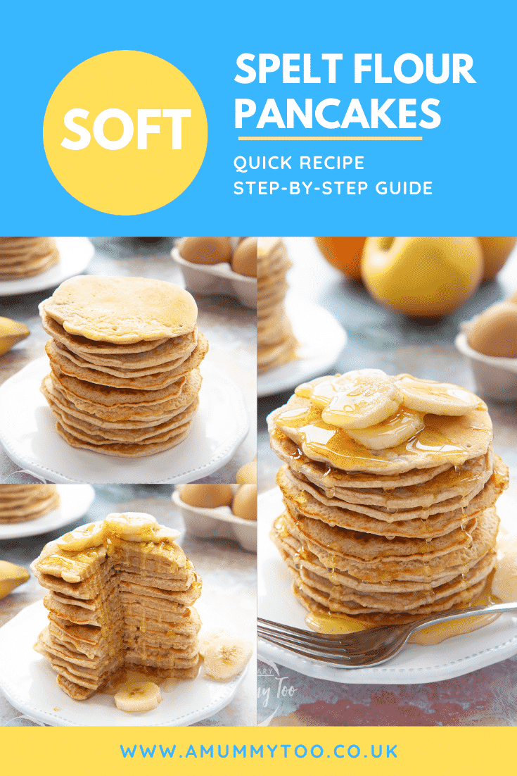 graphic text step-by-step recipe SPELT FLOUR PANCAKES above Front view shot of a stack of panckes on a white plate with website URL below