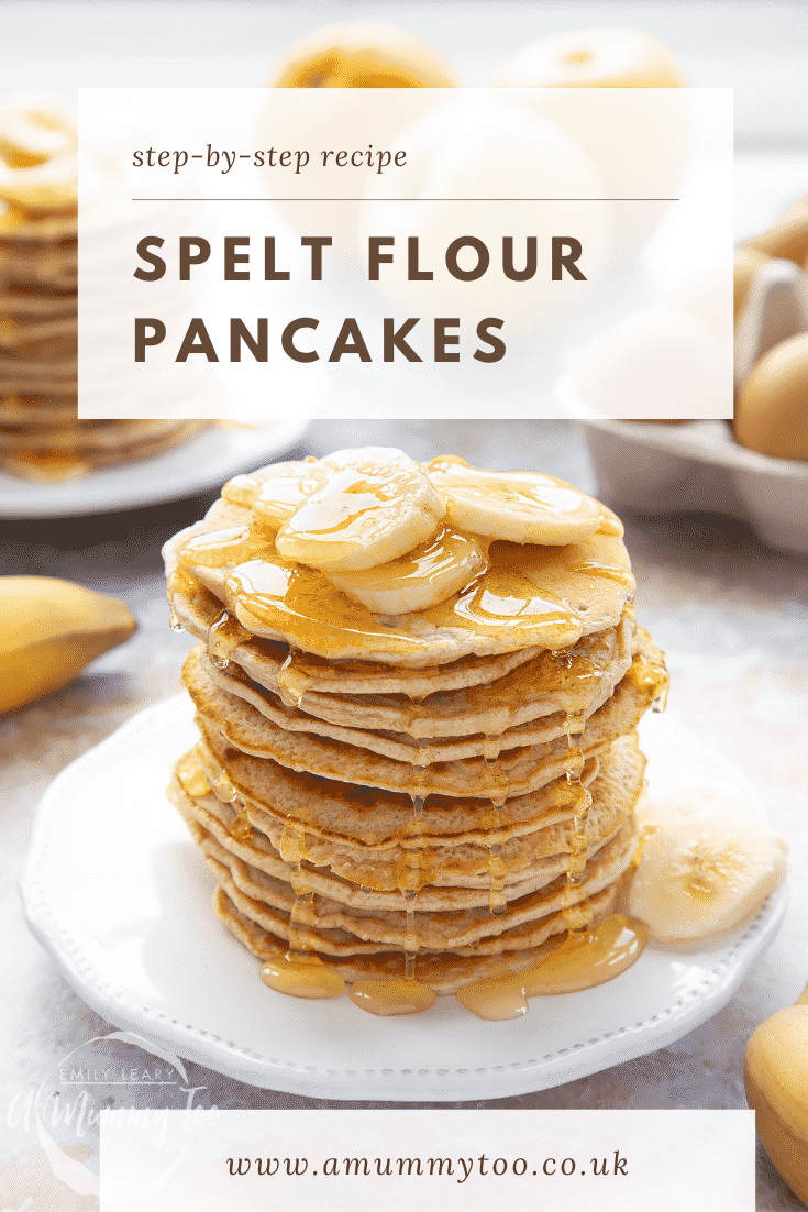 graphic text step-by-step recipe SPELT FLOUR PANCAKES above Front view shot of a stack of pancakes on a white plate