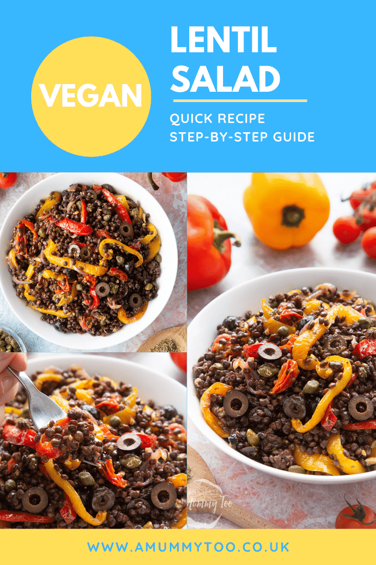 Collage of images of vegan lentil salad served in a white shallow bowl. Caption reads: vegan lentil salad quick recipe step-by-step guide
