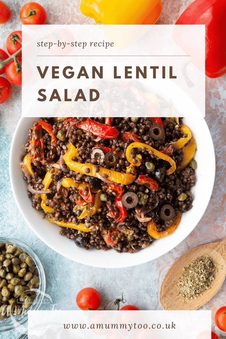 Vegan lentil salad served in a white shallow bowl. Caption reads: step-by-step recipe vegan lentil salad 