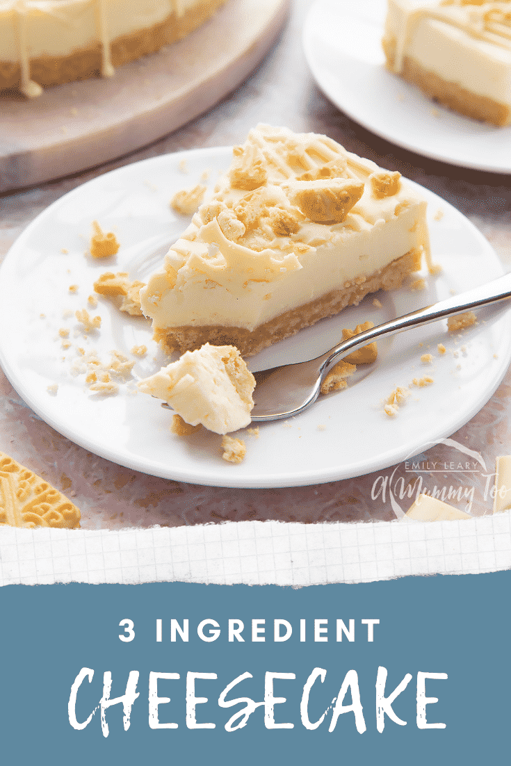 Graphic Text 3 INGREDIENT CHEESECAKE with front view shot of piece of cheesecake on a white plate