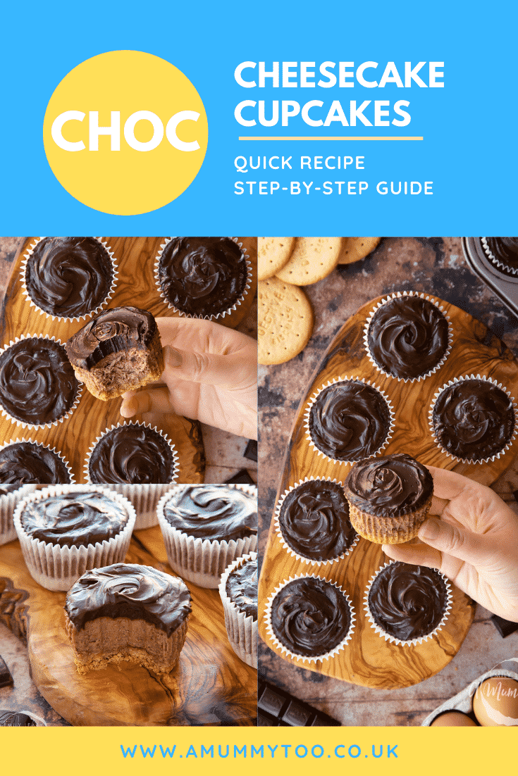 Collage of chocolate cheesecake cupcakes on an olive wood board. Caption reads: Choc cheesecake cupcakes quick recipe step-by-step guide