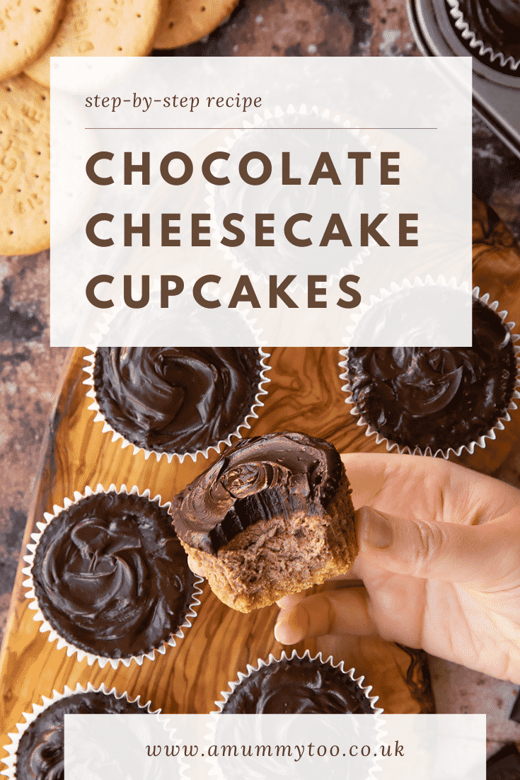 Chocolate cheesecake cupcakes in rows on an olive wood board from above. A hand holds one with a bite out of it. Caption reads: step-by-step recipe chocolate cheesecake cupcakes