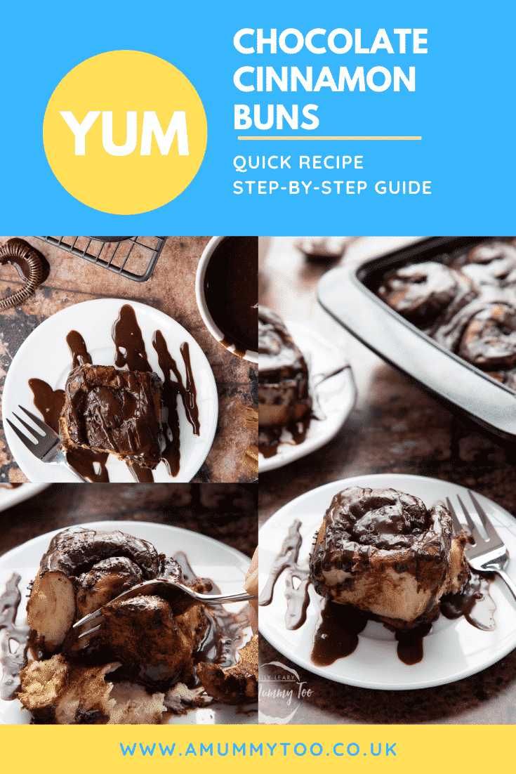 graphic text step-by-step recipe CHOCOLATE CINNAMON BUNS above Overhead shot with chocolate cinnamon buns cut in half with website URL below