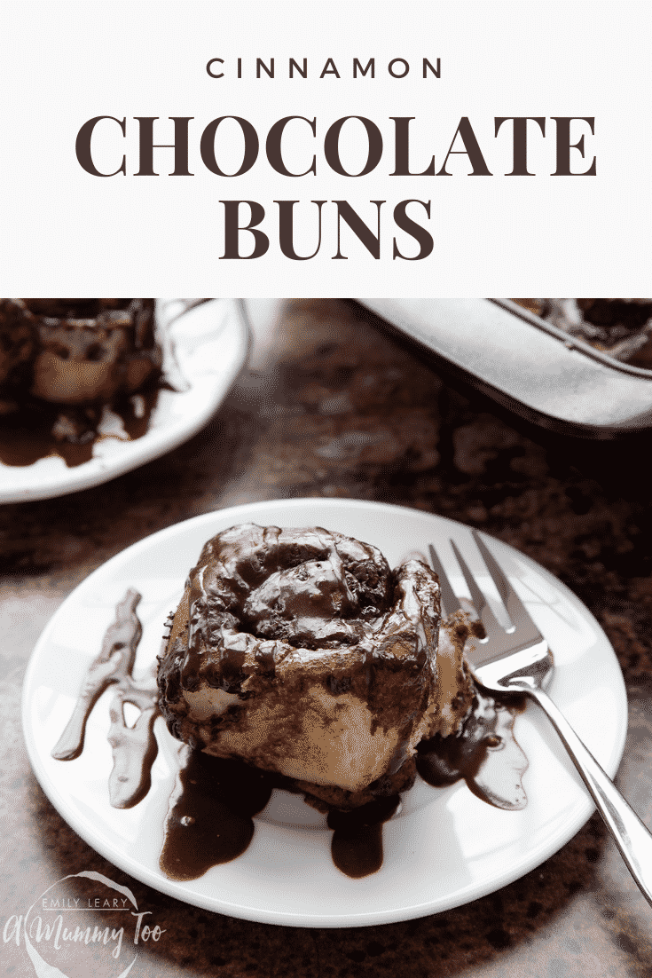 graphic text step-by-step recipe CHOCOLATE CINNAMON BUNS above Front view shot with chocolate cinnamon bun website URL below