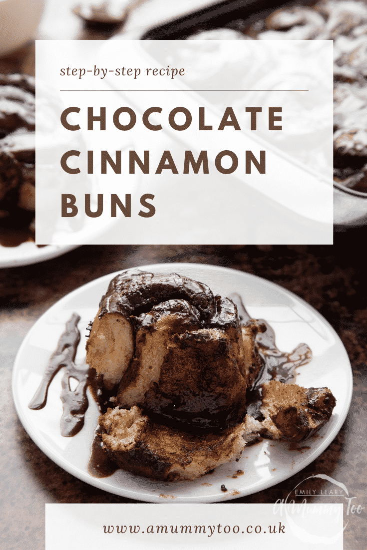 graphic text step-by-step recipe CHOCOLATE CINNAMON BUNS above Overhead shot with chocolate cinnamon buns cut in half with website URL below