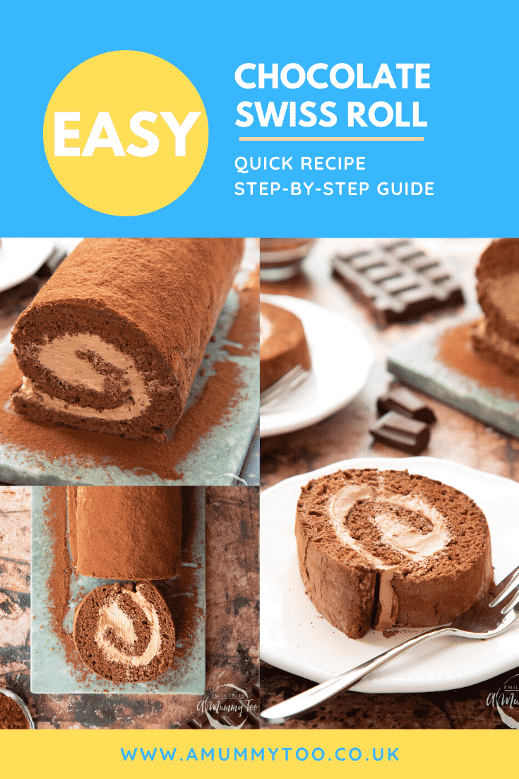 Collage of Chocolate Swiss roll on a marble board and sliced on a white plate. Caption reads: easy chocolate Swiss roll quick recipe step-by-step guide.