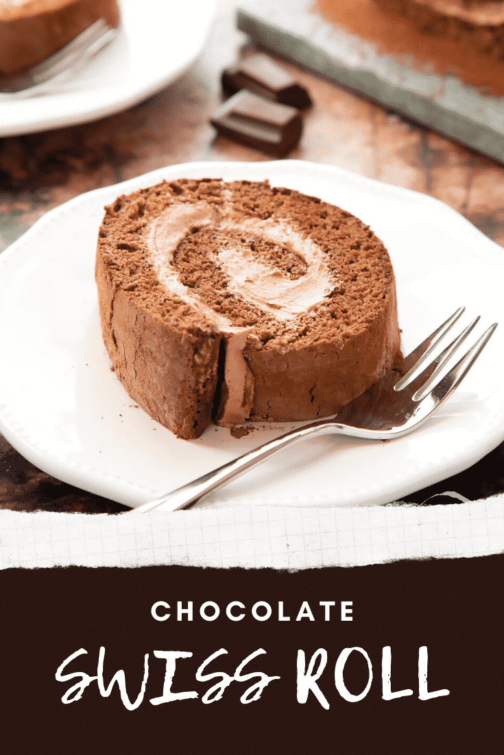 Chocolate Swiss roll on a white plate with a fork. Caption reads: chocolate Swiss roll