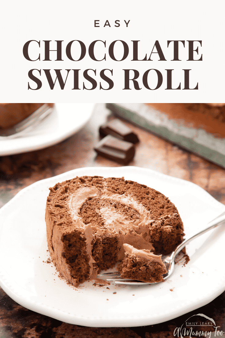 Chocolate Swiss roll on a white plate with a fork - some has been eaten. Caption reads: chocolate Swiss roll