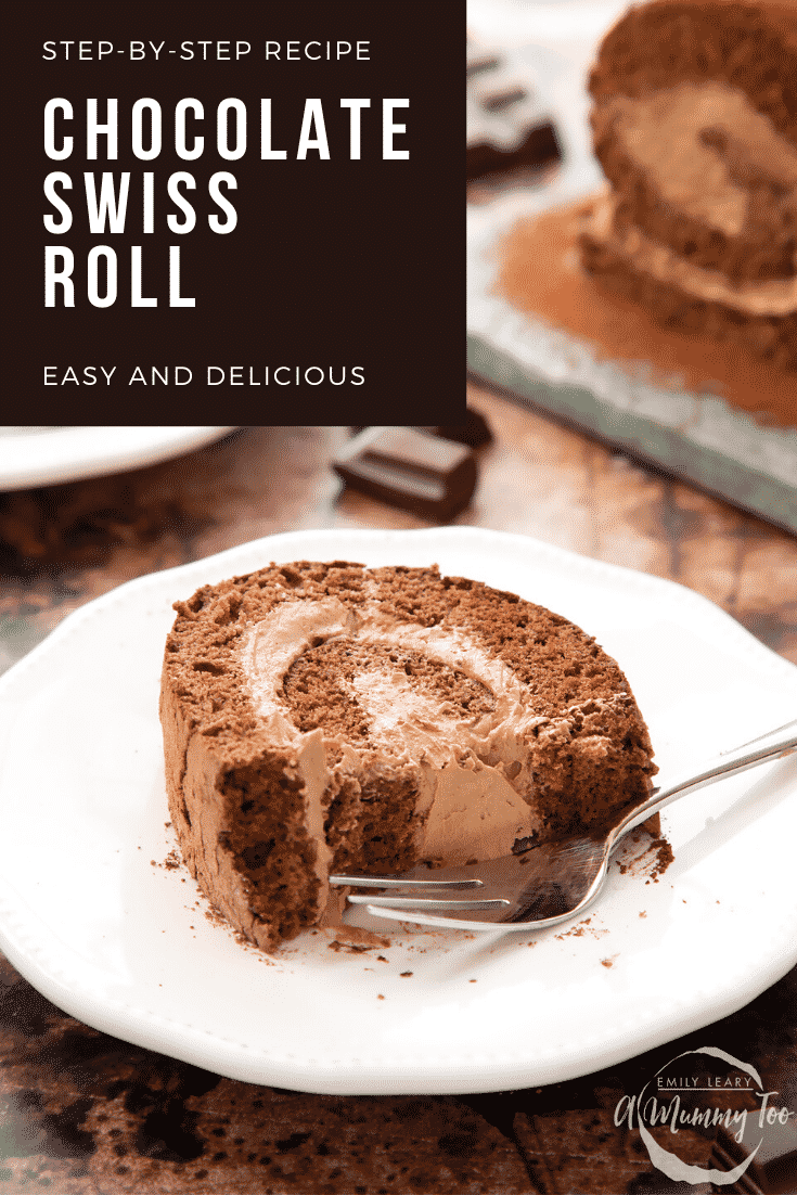 Chocolate Swiss roll on a white plate with a fork. Caption reads: step-by-step recipe chocolate Swiss roll easy and delicious