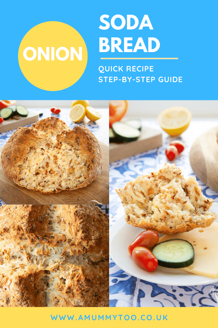 Collage of images of onion soda bread. Caption reads: onion soda bread quick recipe step-by-step guide.
