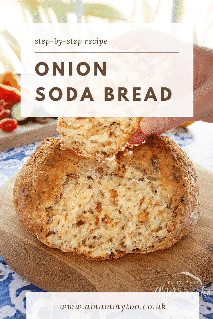 Onion soda bread on a wooden board. A hand holds a piece. Caption reads: step-by-step recipe onion soda bread