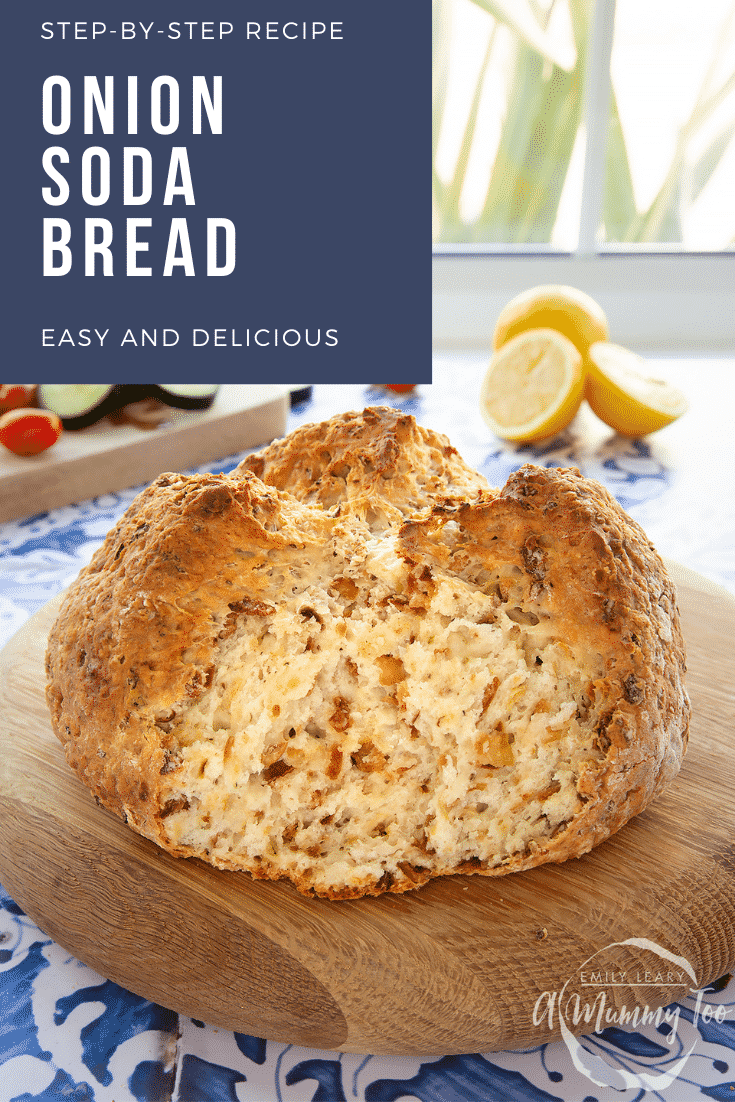 Onion soda bread on a wooden board. A piece is missing. Caption reads: step-by-step recipe onion soda bread easy and delicious