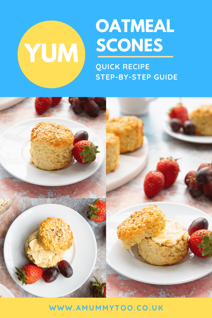 Collage of oatmeal scones on a white plates with fruit. Caption reads: Yum. Oatmeal Scones. Quick recipe. Step-by-step guide.