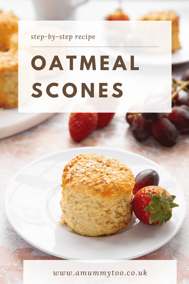 Oatmeal scone on a white plate. Caption reads: Step-by-Step Recipe Oatmeal Scones