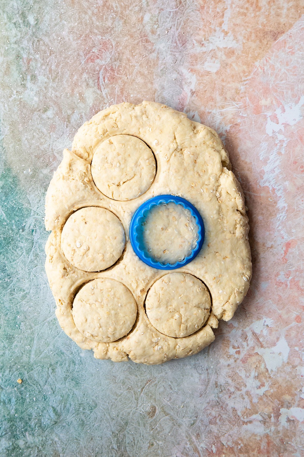 Oatmeal scone dough pressed to a thick slab. Some rounds have been cut out using a blue cookie cutter.