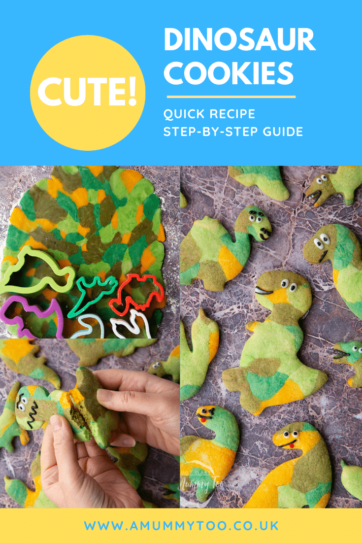 graphic text step-by-step recipe DINOSAUR COOKIES above Overhead shot of a hand holding a green dinosaur sugar cookie with website URL below