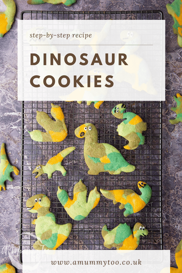 graphic text step-by-step recipe DINOSAUR COOKIES above Overhead shot green dinosaur sugar cookies on a wire rack with website URL below