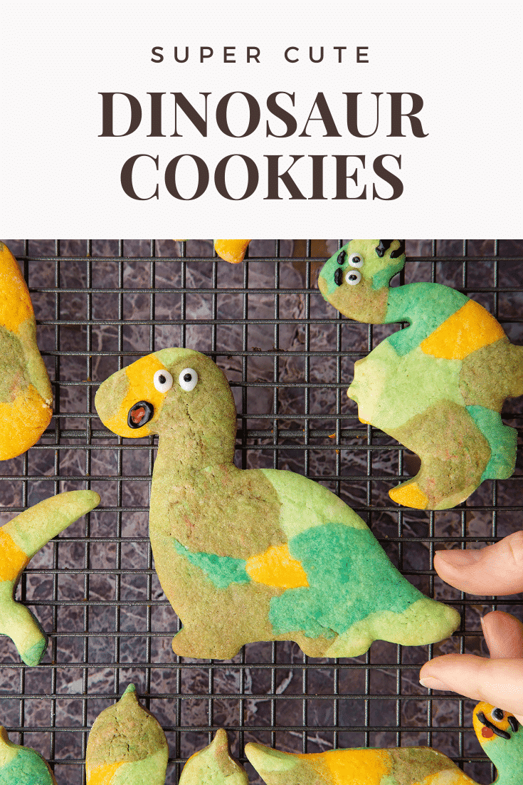 graphic text step-by-step recipe DINOSAUR COOKIES above Overhead shot of a hand holding a green dinosaur sugar cookie with website URL below