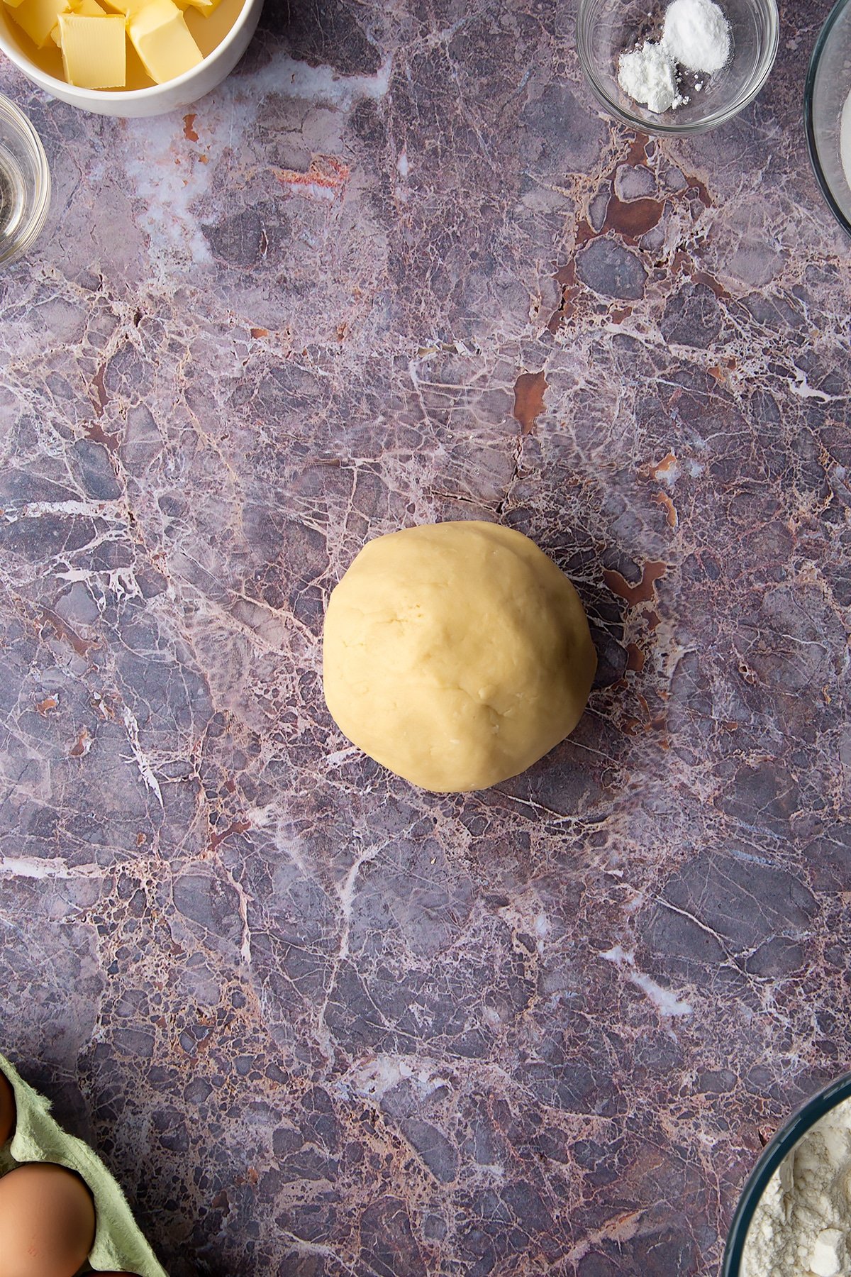 Overhead shot of cookie dough mixture in a ball 